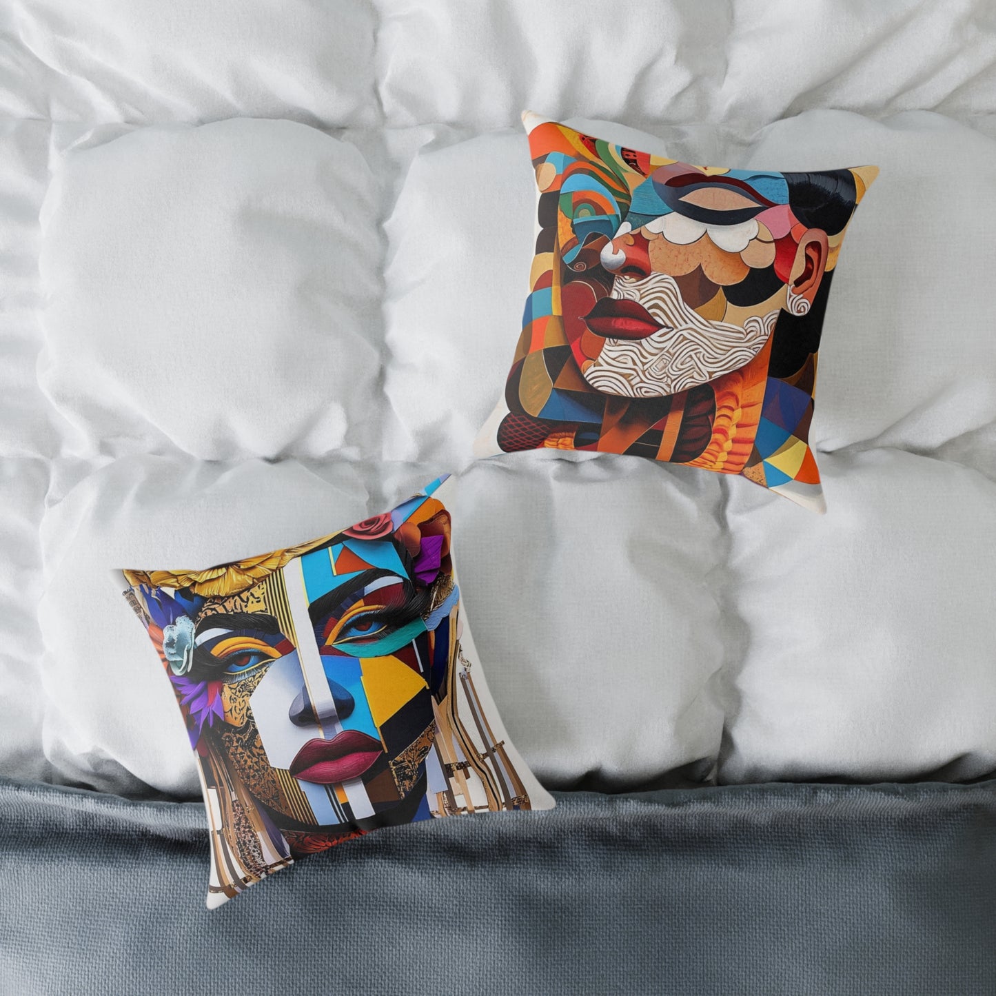 Abstract Colorful Face Pillow – Modern Geometric Art Square Throw Pillow