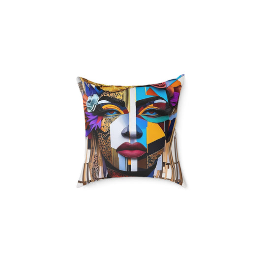 Abstract Colorful Face Pillow – Modern Geometric Art Square Throw Pillow