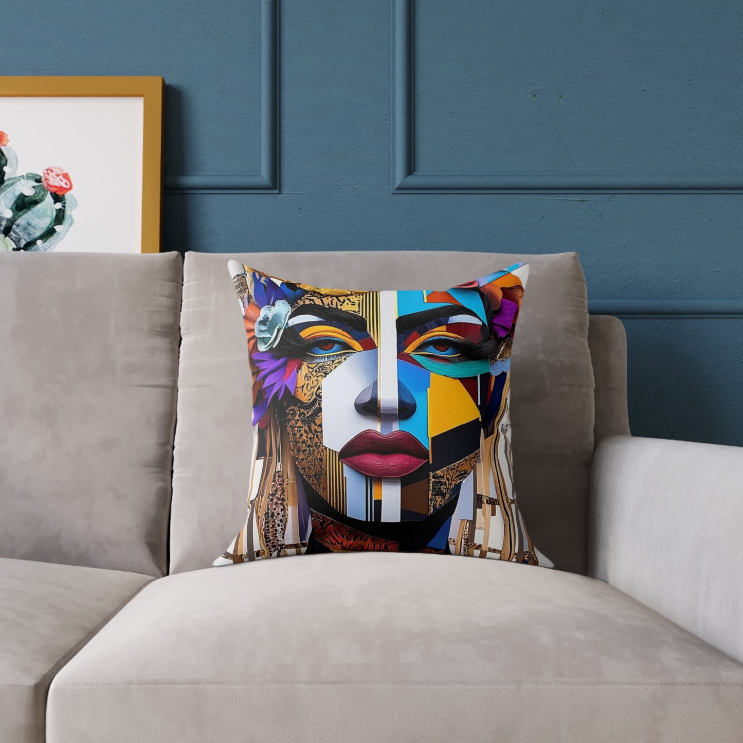 Abstract Colorful Face Pillow – Modern Geometric Art Square Throw Pillow
